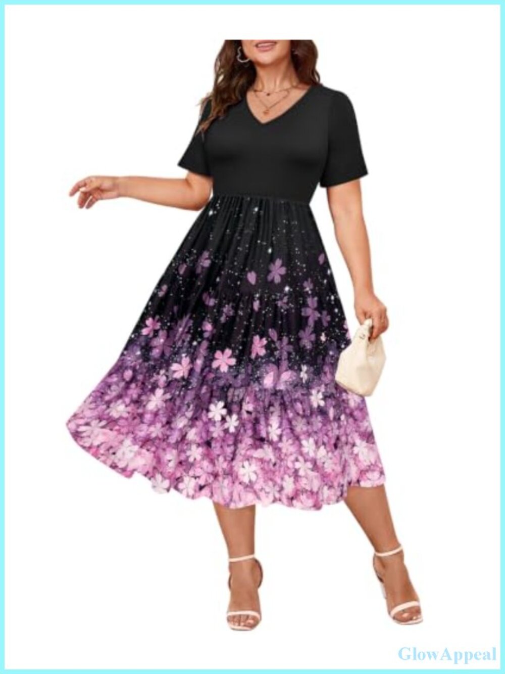 Plus Size Short Sleeve V Neck Floral Patchwork Dress Soft Stretchy